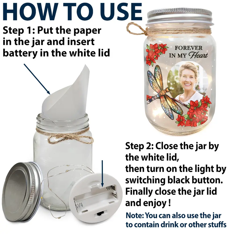 Custom Photo Your Light Will Always Shine In My Heart Memorial - Personalized Mason Jar Light