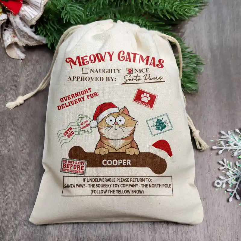 Joyeux Noël, Meowy Catmas, drôle de dessin animé, chien et chat - Sac cadeau personnalisé 
