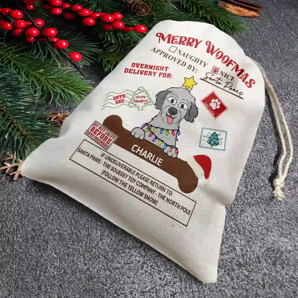Joyeux Noël, Meowy Catmas, drôle de dessin animé, chien et chat - Sac cadeau personnalisé 