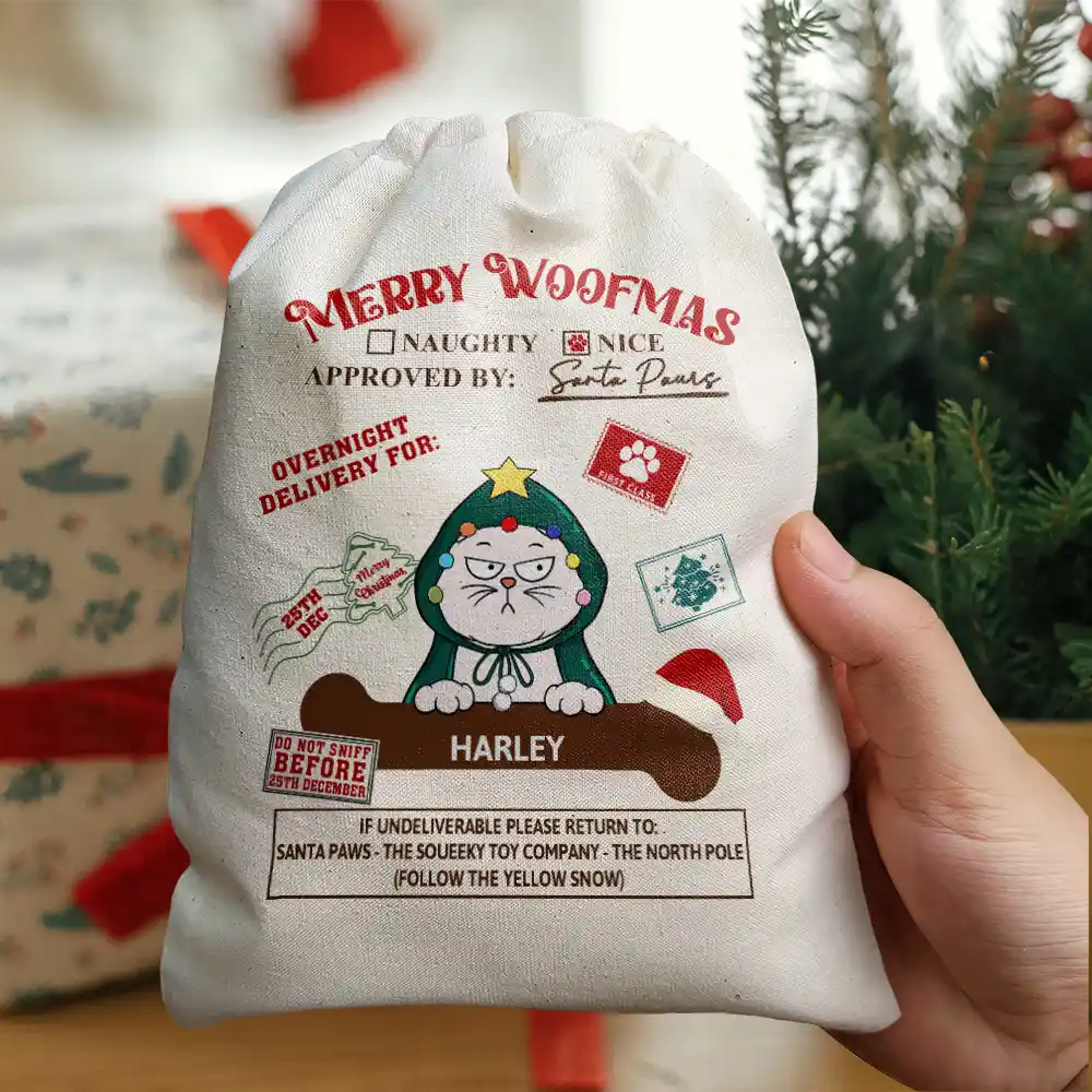 Joyeux Noël, Meowy Catmas, drôle de dessin animé, chien et chat - Sac cadeau personnalisé 