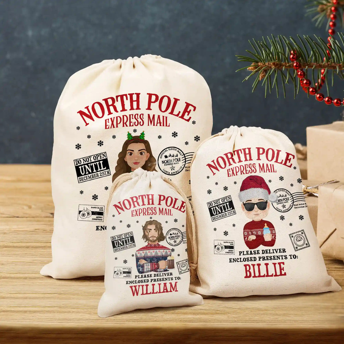 North Pole Santa Sack Cartoon Family - Personalized Favor Bag