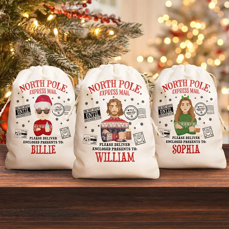 North Pole Santa Sack Cartoon Family - Personalized Favor Bag