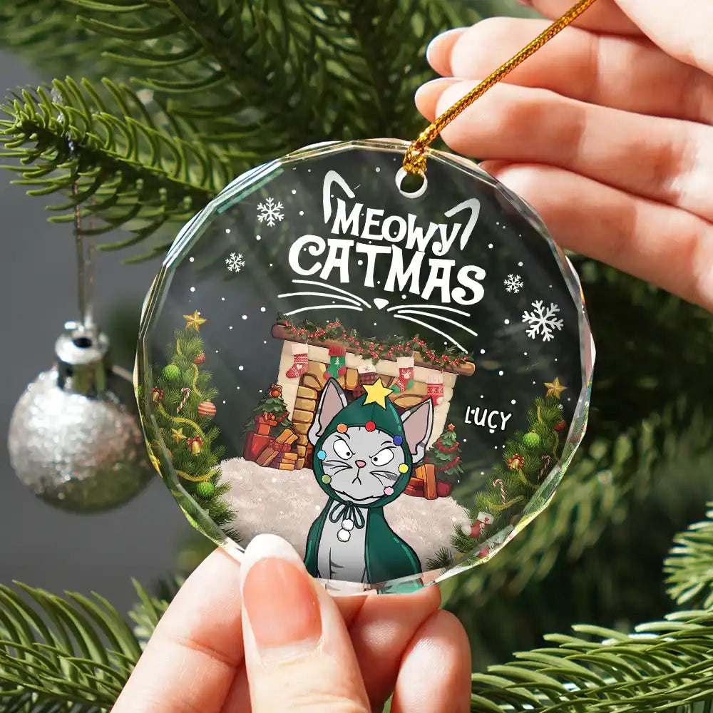 Décoration en verre ronde personnalisée avec chats de dessin animé rigolos « Meowy Catmas » 