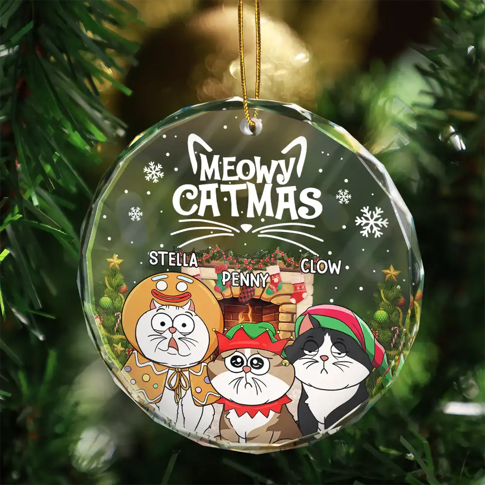 Décoration en verre ronde personnalisée avec chats de dessin animé rigolos « Meowy Catmas » 