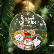 Meowy Catmas Funny Cartoon Cats - Personalized Circle Glass Ornament