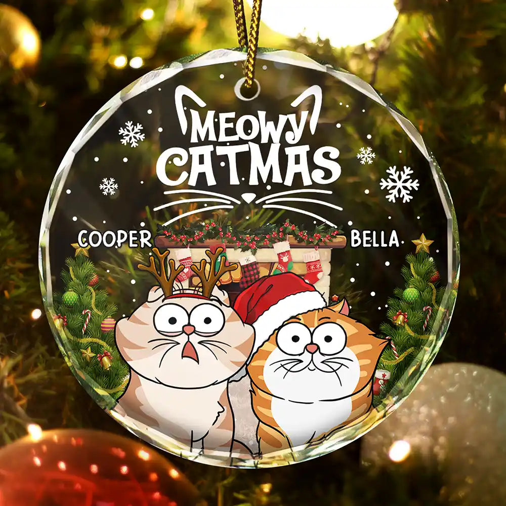 Meowy Catmas Funny Cartoon Cats - Personalized Circle Glass Ornament