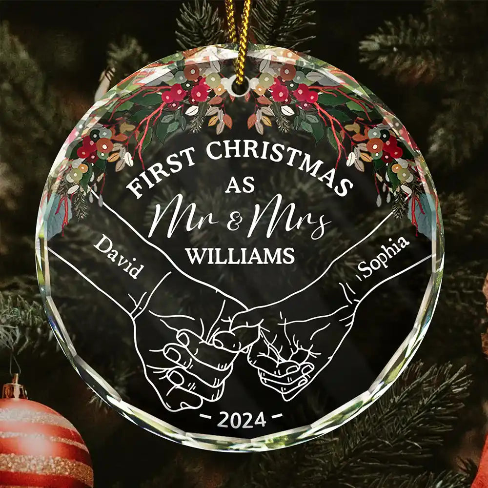 Gift For Couples - Holding Hands First Christmas Couple - Personalized Circle Glass Ornament
