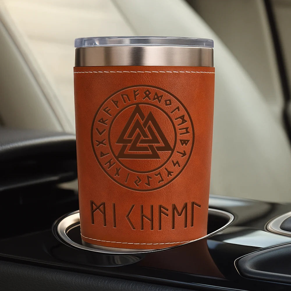 Gift For Women,Gift For Men,Gift For Yourself,Happy - Name In Viking Runes - Personalized Leather Tumbler