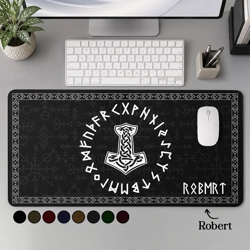 Top Market,Gift For Men,Gift For Yourself,Confident,Icon - Name in Viking Runes - Personalized Leather Desk Mat