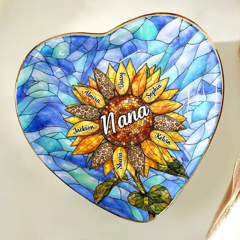 Gift For Grandma,Gift For Mother,Happy,Icon - Nana Auntie Mom Family Sunflower - Personalized Ring Dish