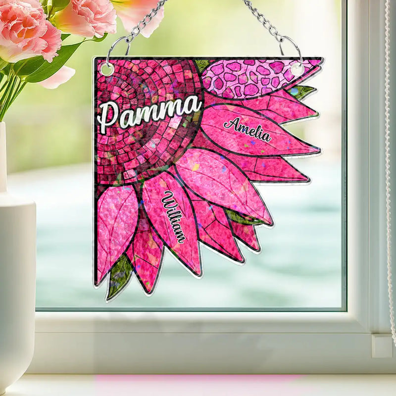 Happy, Gift For Grandma, Gift For Mother, Gift For Wife, Gift For Women, Gift For Yourself - Nana Auntie Mom Family Sunflower - Personalized Window Corner Suncatcher