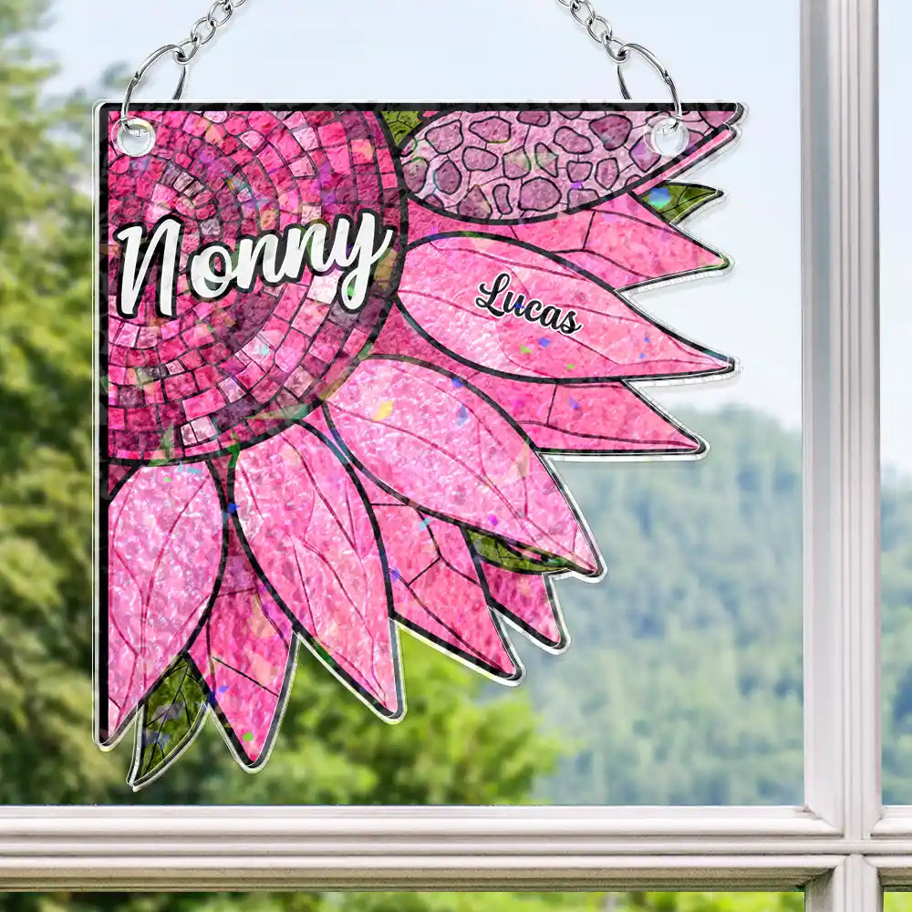 Happy, Gift For Grandma, Gift For Mother, Gift For Wife, Gift For Women, Gift For Yourself - Nana Auntie Mom Family Sunflower - Personalized Window Corner Suncatcher