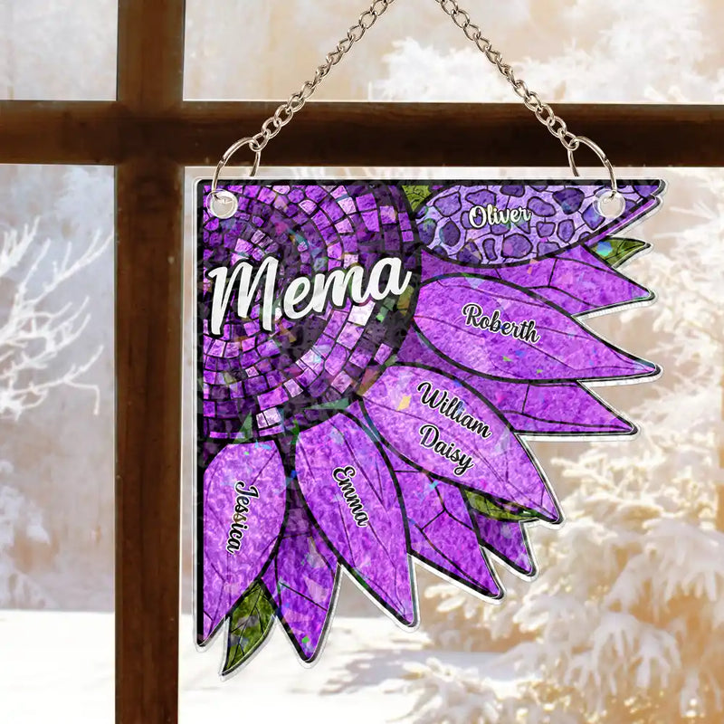 Happy, Gift For Grandma, Gift For Mother, Gift For Wife, Gift For Women, Gift For Yourself - Nana Auntie Mom Family Sunflower - Personalized Window Corner Suncatcher