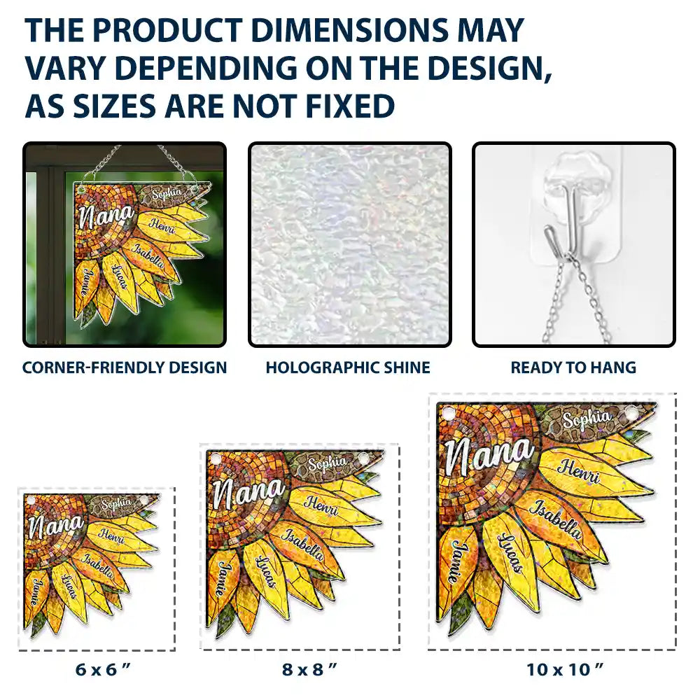 Happy, Gift For Grandma, Gift For Mother, Gift For Wife, Gift For Women, Gift For Yourself - Nana Auntie Mom Family Sunflower - Personalized Window Corner Suncatcher