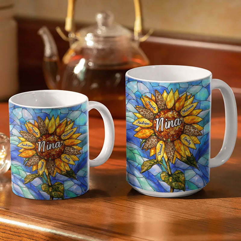 Gift For Mother,Gift For Grandma,Love - Nana Auntie Mom Family Sunflower - Stained Glass Effect - Personalized White Edge-to-Edge Mug