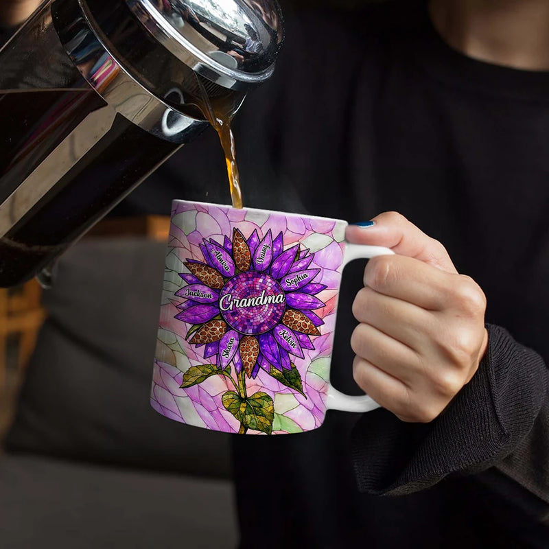 Gift For Mother,Gift For Grandma,Love - Nana Auntie Mom Family Sunflower - Stained Glass Effect - Personalized White Edge-to-Edge Mug