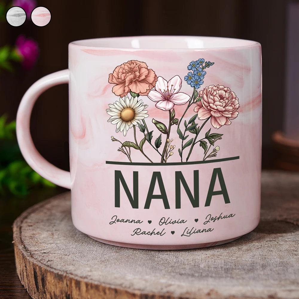 Gift For Grandma,Gift For Mother,Gift For Wife,Happy - Nana Grandma Mom Birth Flowers - Personalized Marble Mug