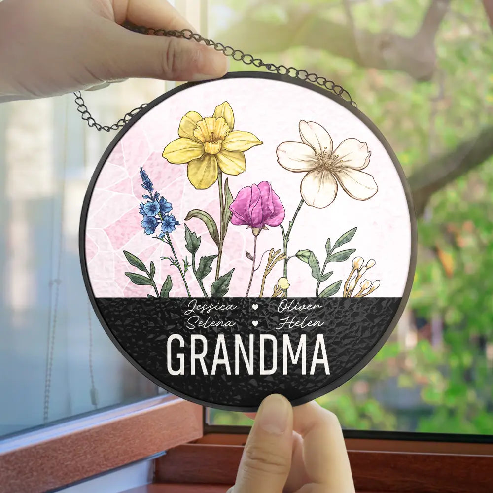 Gift For Grandma,Gift For Mother,Gift For Wife,Happy - Nana Grandma Mom Birth Flowers - Personalized Stained Glass Window Hanging Suncatcher