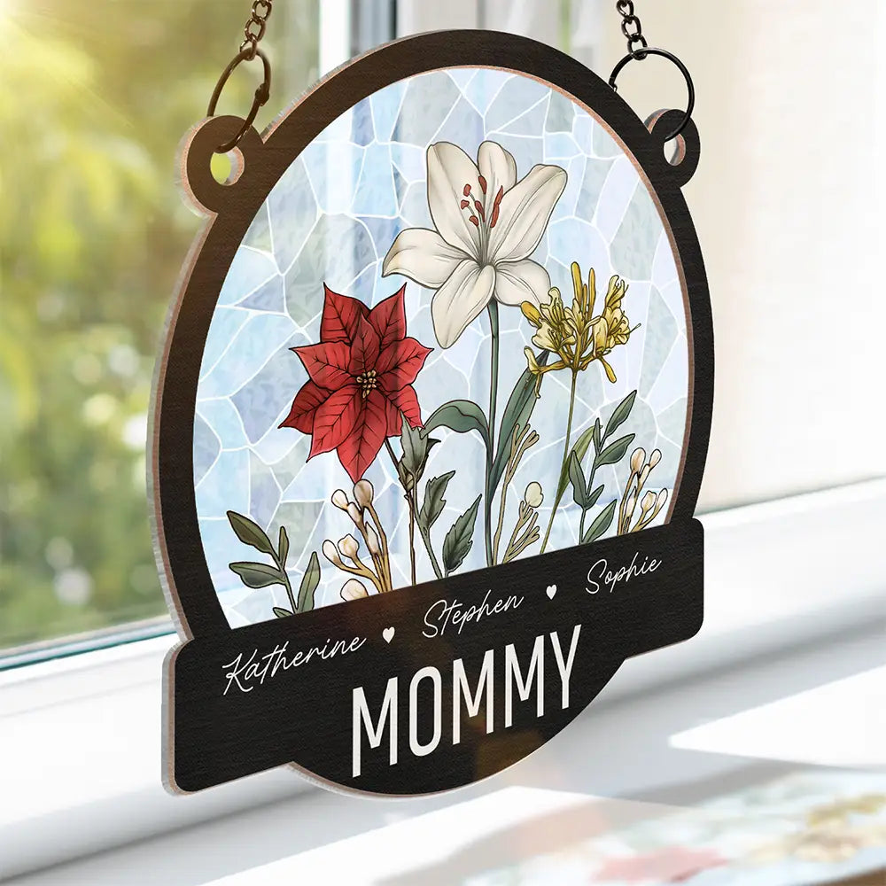 Gift For Grandma, Gift For Mother, Gift For Wife, Happy - Nana Grandma Mom Birth Flowers - Personalized Window Hanging Suncatcher Ornament