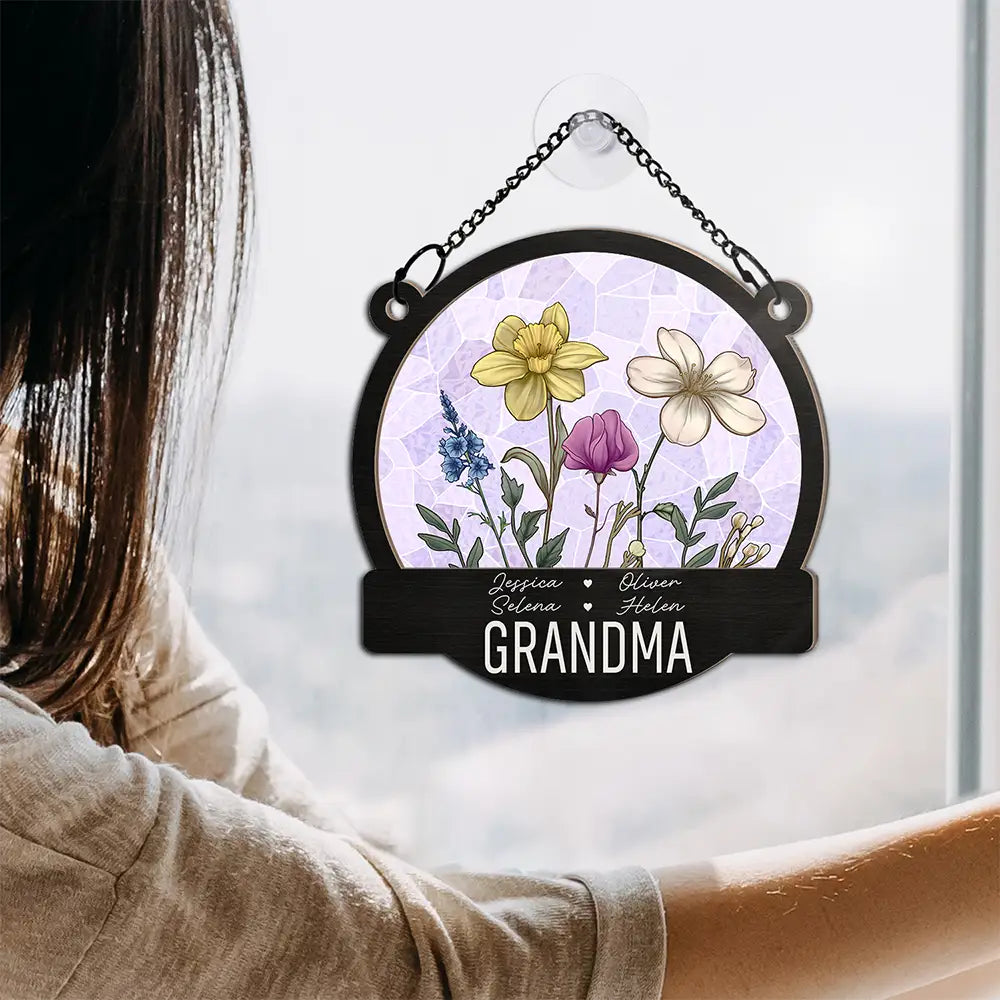 Gift For Grandma, Gift For Mother, Gift For Wife, Happy - Nana Grandma Mom Birth Flowers - Personalized Window Hanging Suncatcher Ornament