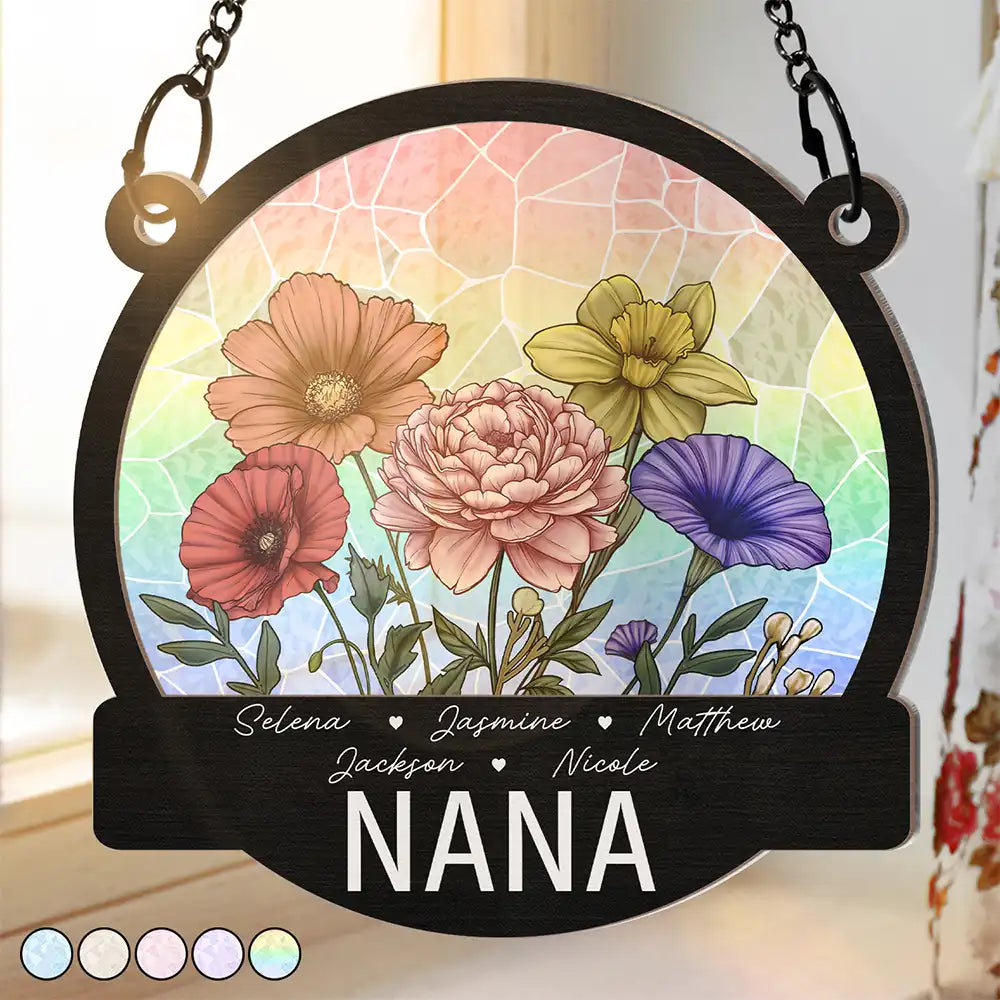 Gift For Grandma, Gift For Mother, Gift For Wife, Happy - Nana Grandma Mom Birth Flowers - Personalized Window Hanging Suncatcher Ornament