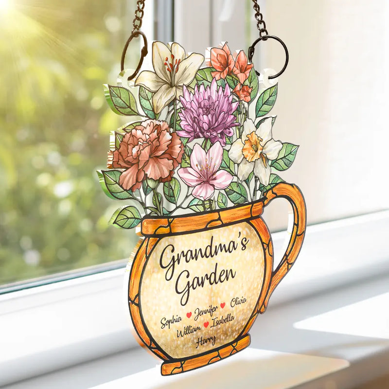 Gift For Grandma,Grandma - Grandkids,Happy - Nana Grandma's Garden Birth Month Flower - Personalized Window Hanging Suncatcher Ornament