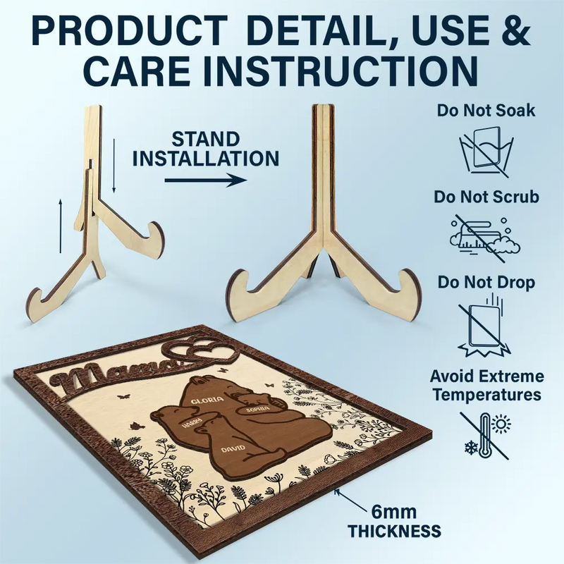 Nana Mama Bear - Personalized 2-Layered Wooden Plaque With Stand