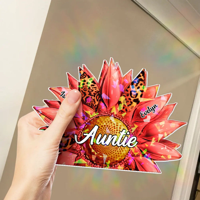 Gift For Mother,Gift For Grandma,Love - Nana, Mom, Auntie Family Leopard Sunflower 3D Effect - Personalized Holographic Acrylic Plaque