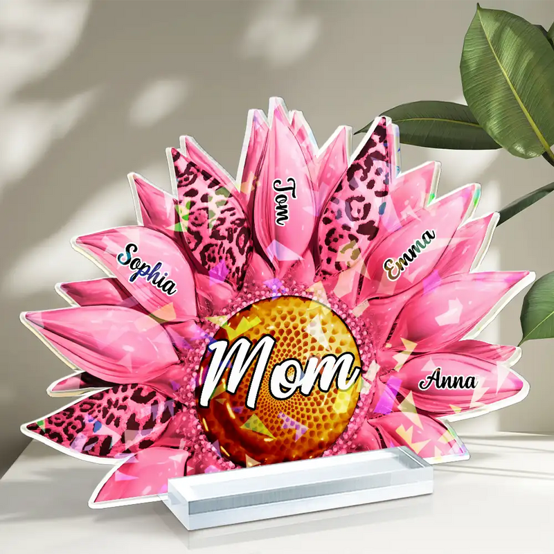 Gift For Mother,Gift For Grandma,Love - Nana, Mom, Auntie Family Leopard Sunflower 3D Effect - Personalized Holographic Acrylic Plaque