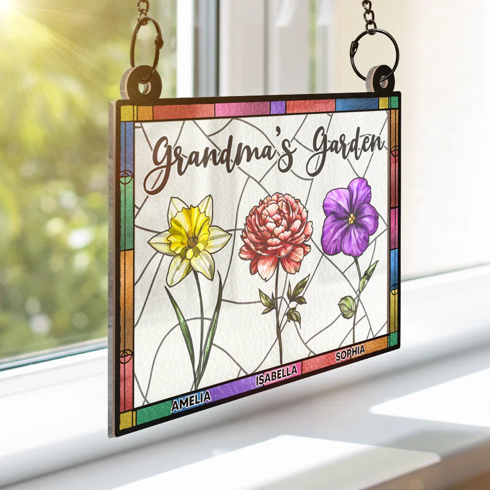 Gift For Mother,Gift For Grandma -Nana's Garden Full Of Colors Birth Flower Grandkids - Personalized Window Hanging Suncatcher Ornament