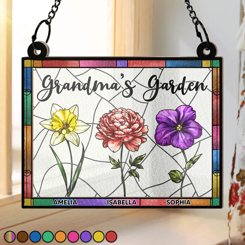 Nana's Garden Full Of Colors Birth Flower Grandkids - Personalized Window Hanging Suncatcher Ornament