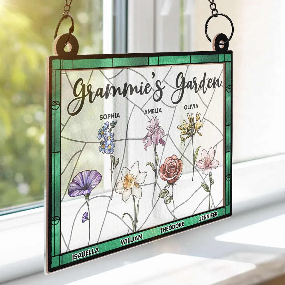 Le jardin de grand-mère, plein de couleurs, fleur de naissance, petits-enfants - Ornement attrape-soleil personnalisé à suspendre à la fenêtre