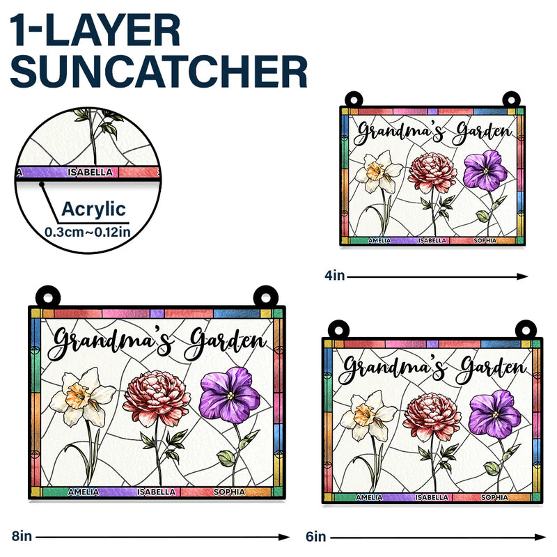 Le jardin de grand-mère, plein de couleurs, fleur de naissance, petits-enfants - Ornement attrape-soleil personnalisé à suspendre à la fenêtre