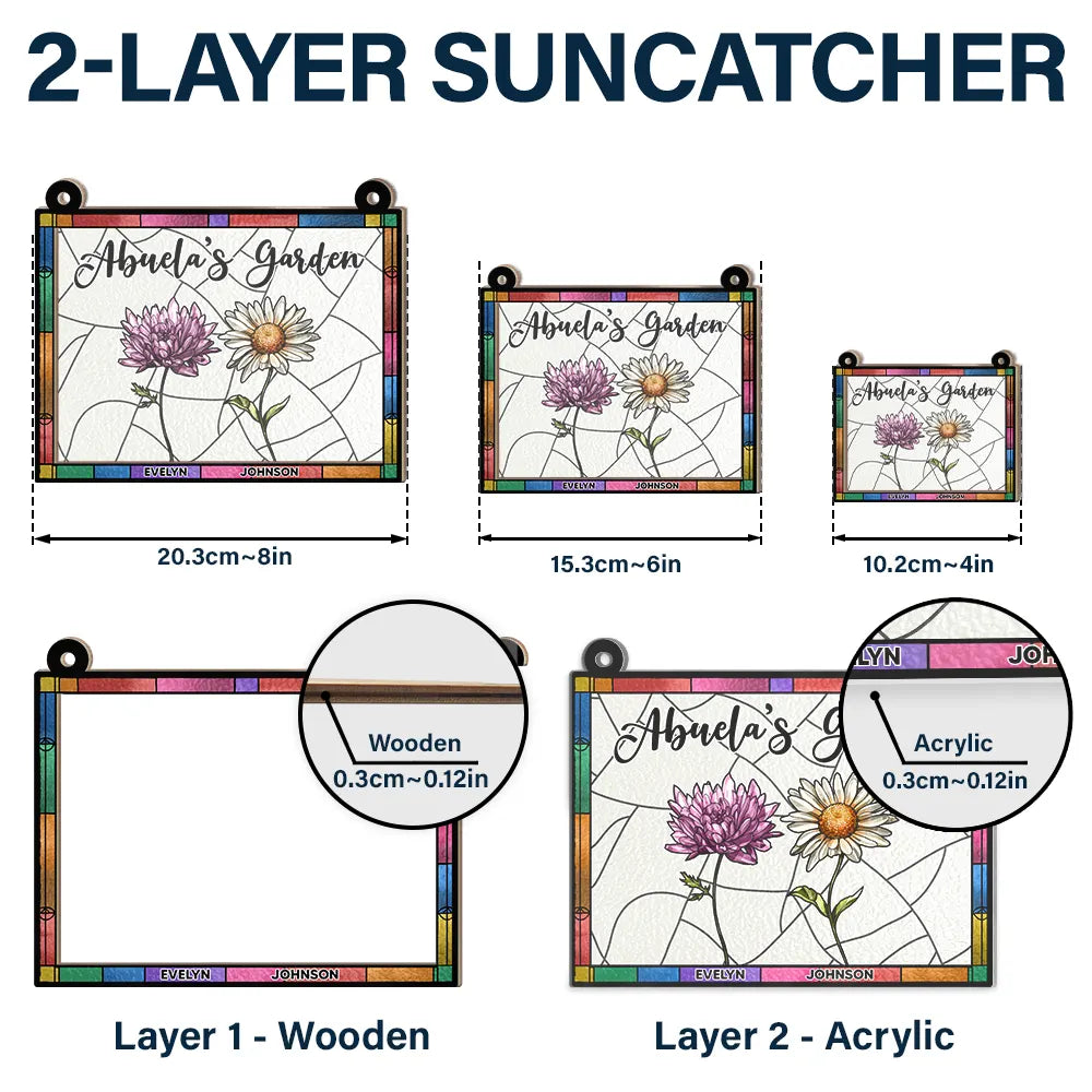 Le jardin de grand-mère, plein de couleurs, fleur de naissance, petits-enfants - Ornement attrape-soleil personnalisé à suspendre à la fenêtre