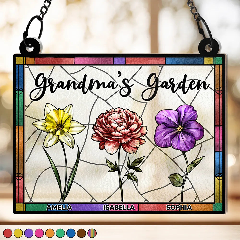 Le jardin de grand-mère, plein de couleurs, fleur de naissance, petits-enfants - Ornement attrape-soleil personnalisé à suspendre à la fenêtre