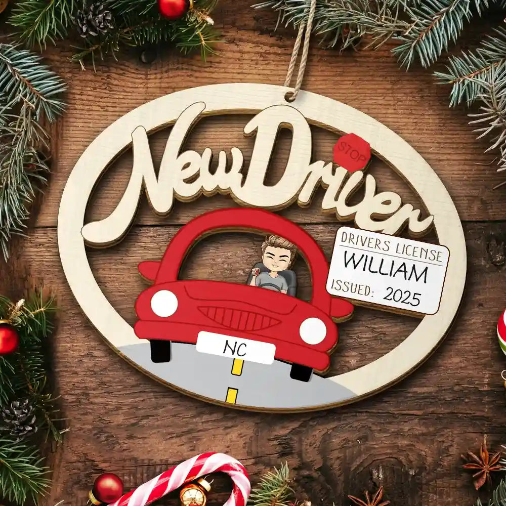 Gift For Yourself, Women, Men - New Driver Christmas - Personalized Wooden Cutout Ornament