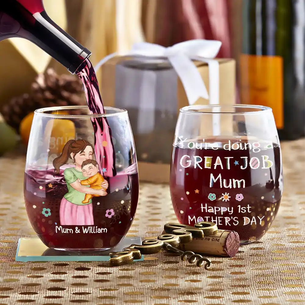 New Mom,New baby,Love - New Mom And Baby You’re Doing A Great Job Mommy - Personalized Stemless Wine Glass