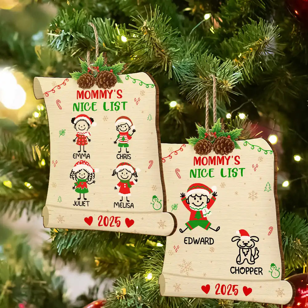 Christmas,Gift For Grandma,Grandma,Grandkids,Mom,Children,Stick Figure - Nice List Of Grandma Mommy - Personalized Custom Shaped Wooden Ornament