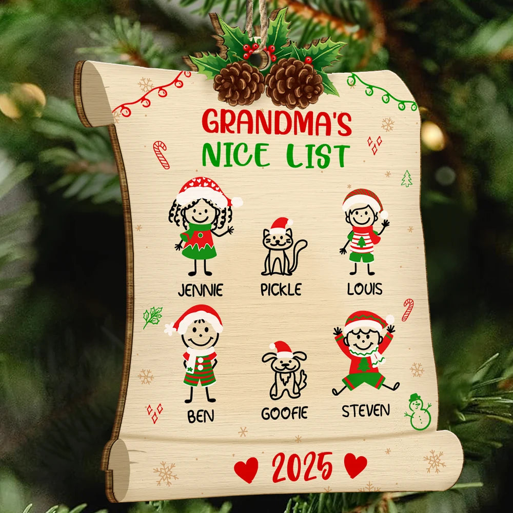 Nice List Of Grandma Mommy - Personalized Custom Shaped Wooden Ornament