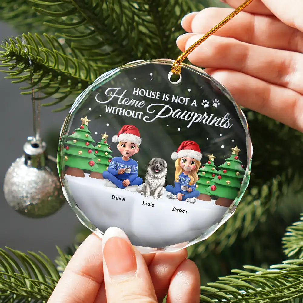 Dog Lovers,Dog Couple,Christmas,Happy - Not A Home Without Pawprints - Personalized Circle Glass Ornament