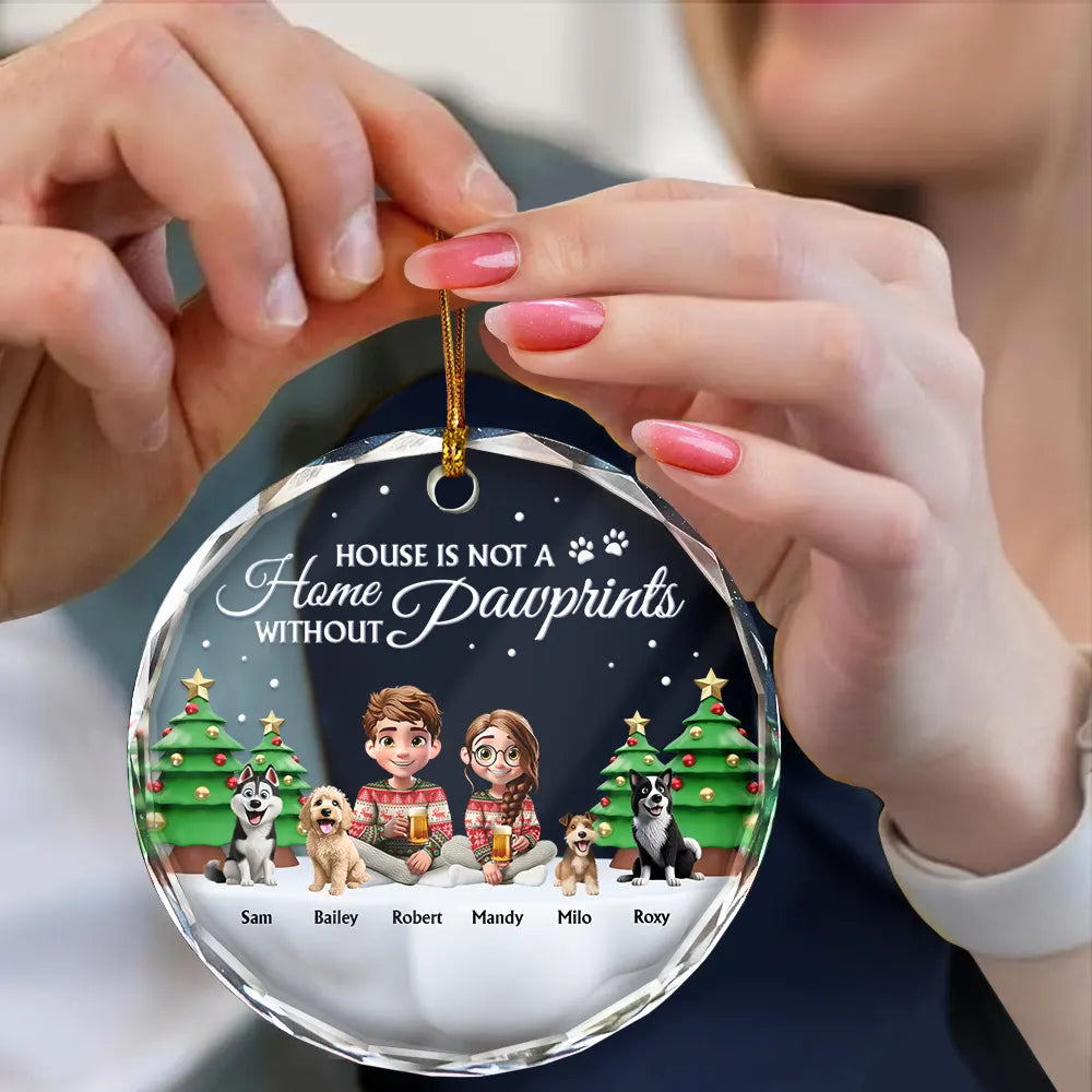 Dog Lovers,Dog Couple,Christmas,Happy - Not A Home Without Pawprints - Personalized Circle Glass Ornament