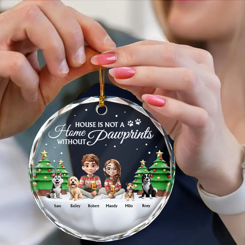 Dog Lovers,Dog Couple,Christmas,Happy - Not A Home Without Pawprints - Personalized Circle Glass Ornament