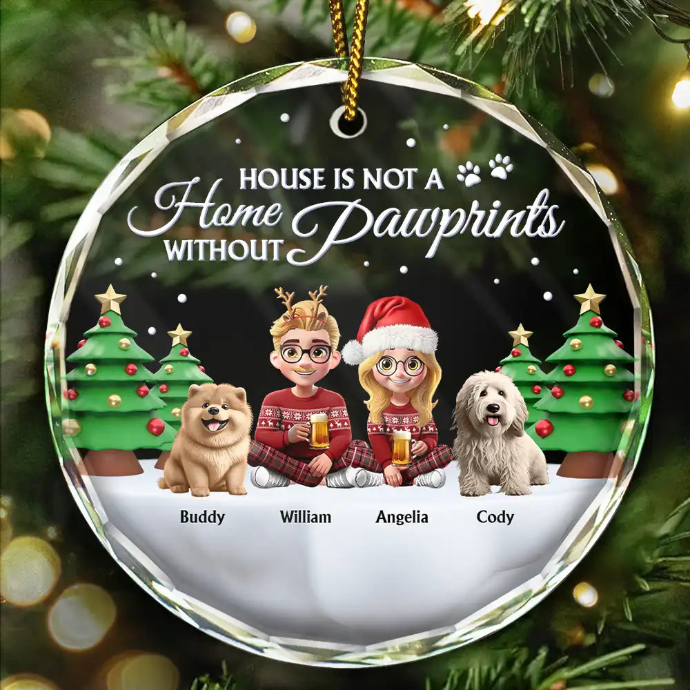 Dog Lovers,Dog Couple,Christmas,Happy - Not A Home Without Pawprints - Personalized Circle Glass Ornament