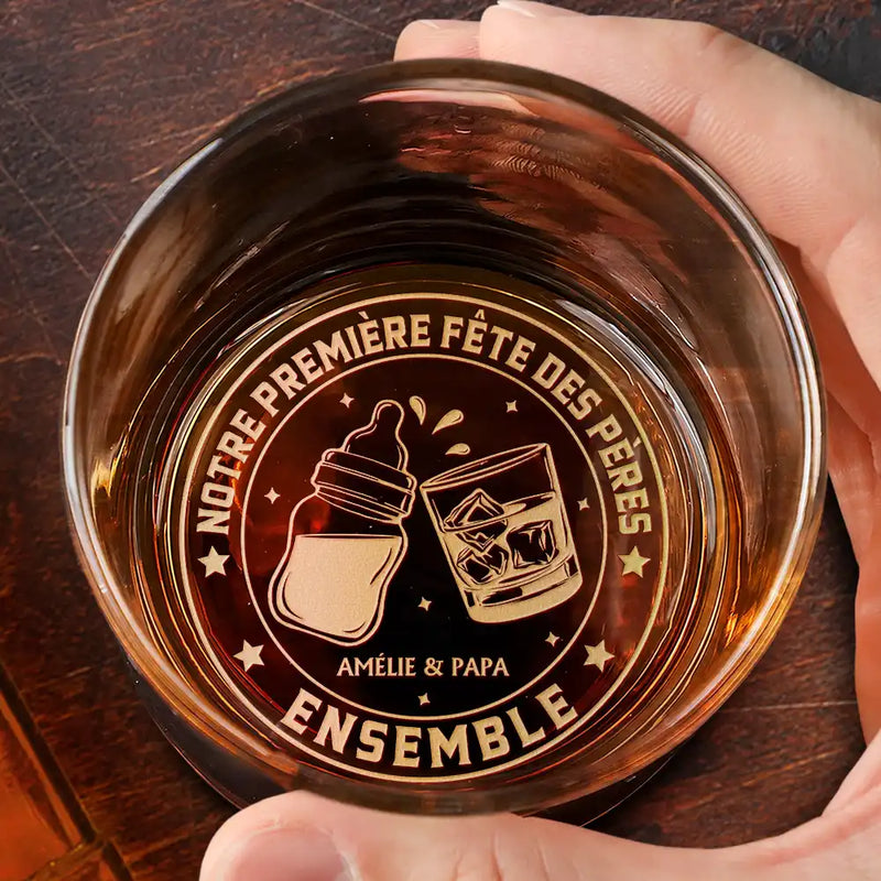 Gift For Husband,Gift For Boyfriend,Gift For Yourself,Gift For Men,Parents,Gift For Father,New Dad,New baby,Happy,French,Non-Eng,Playful - Notre Première Fête Des Pères Ensemble - Verre À Whisky Gravé Personnalisé