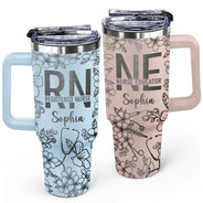 Nurse, Happy - Nurse Job Title Flower Pattern - Personalized Engraved 40oz Tumbler