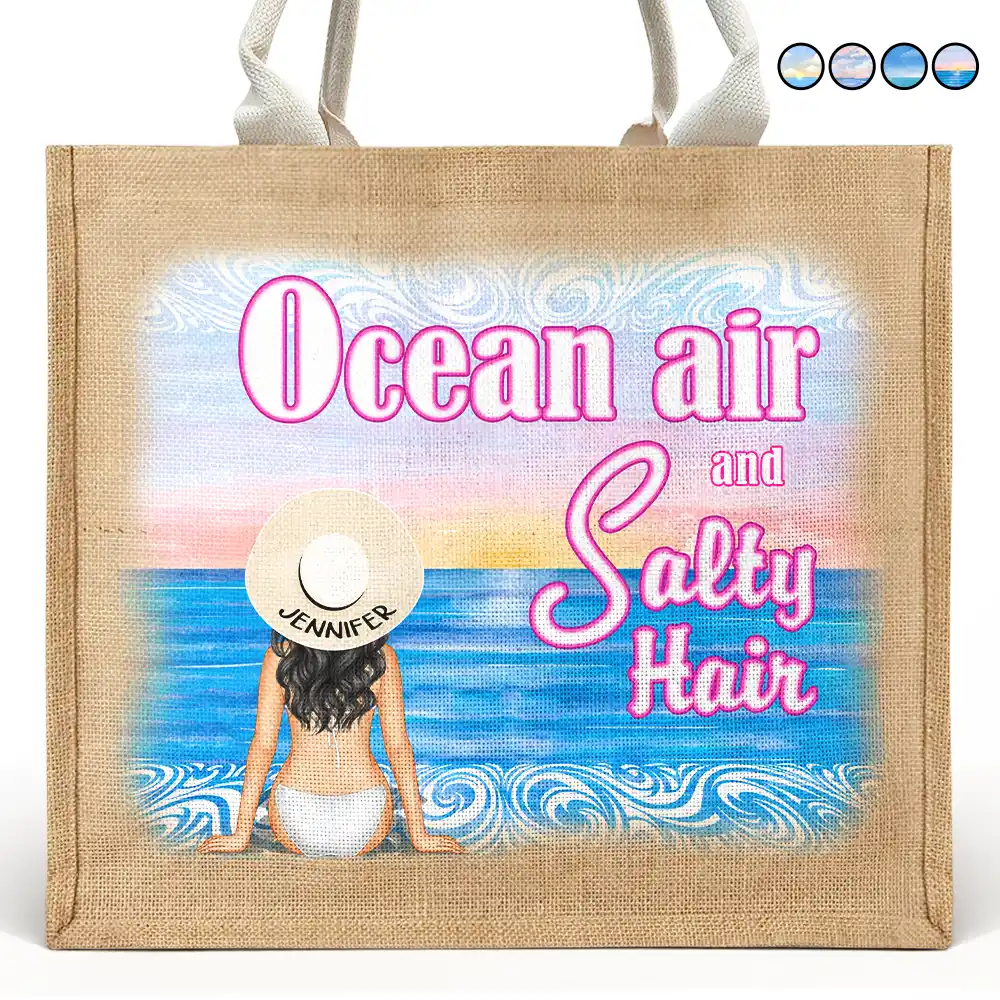 Gift For Women, Gift For Yourself, Beach, Travel, Happy - Ocean Air And Salty Hair - Personalized Jute Beach Bag