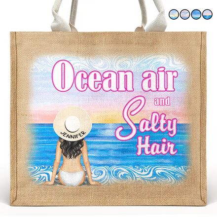 Ocean Air And Salty Hair - Personalized Jute Beach Bag