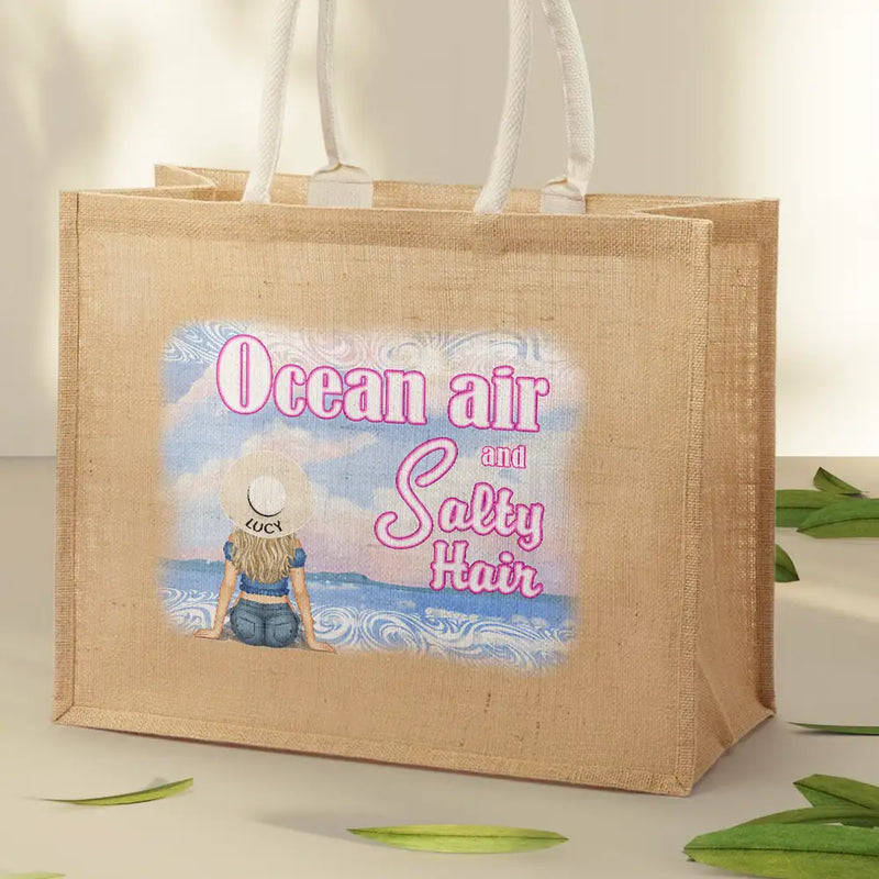 Gift For Women, Gift For Yourself, Beach, Travel, Happy - Ocean Air And Salty Hair - Personalized Jute Beach Bag