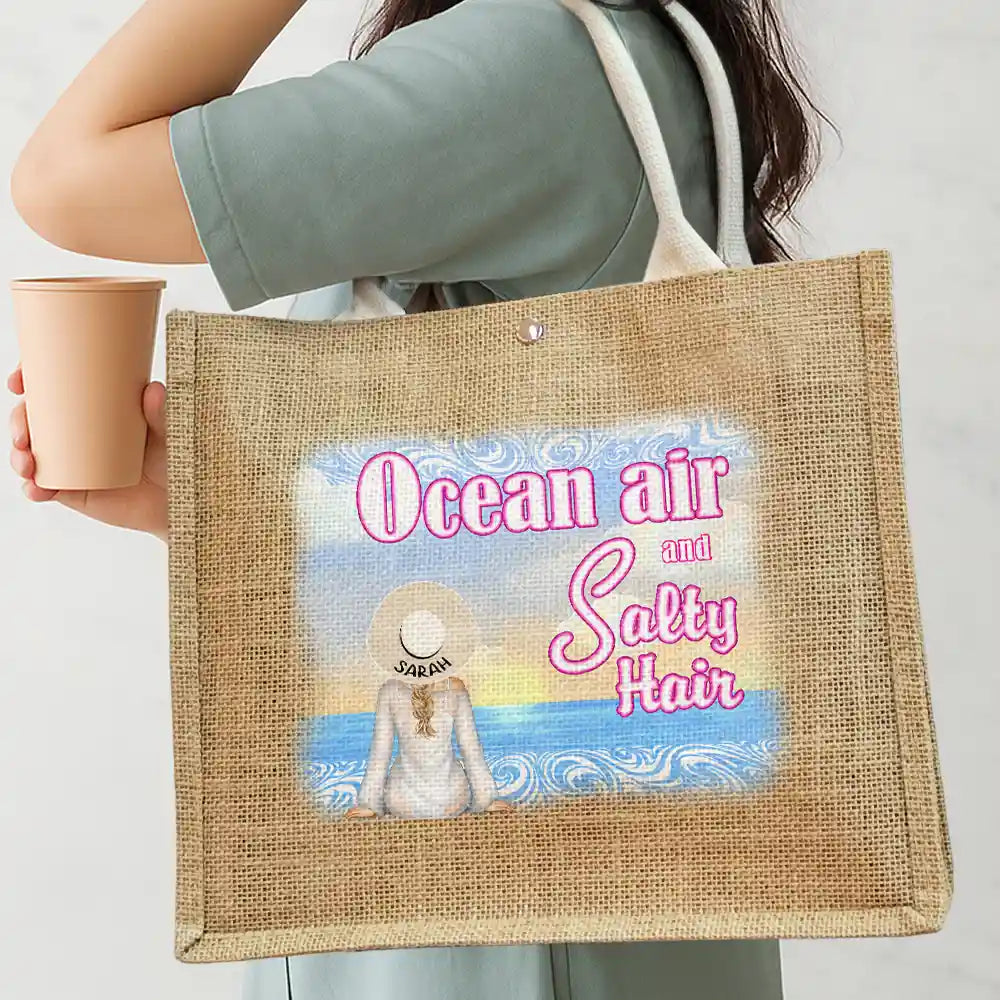 Gift For Women, Gift For Yourself, Beach, Travel, Happy - Ocean Air And Salty Hair - Personalized Jute Beach Bag