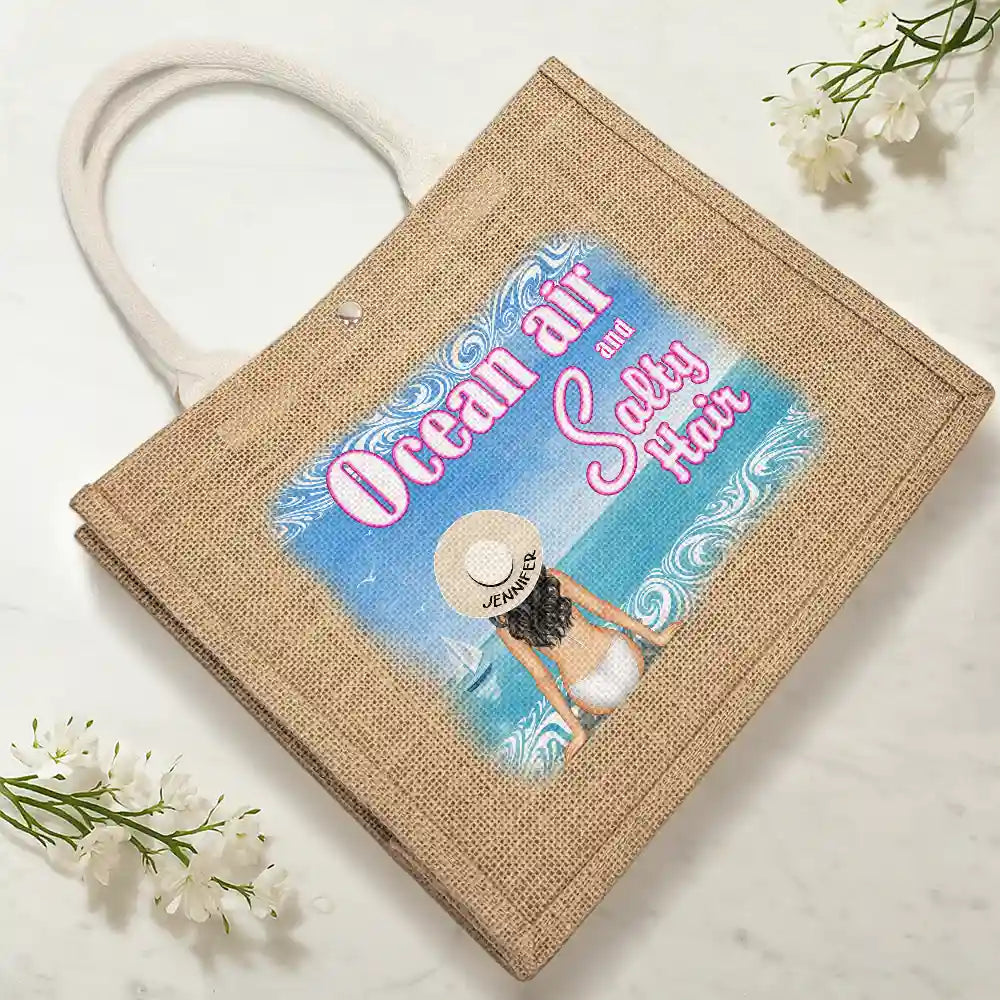 Gift For Women, Gift For Yourself, Beach, Travel, Happy - Ocean Air And Salty Hair - Personalized Jute Beach Bag